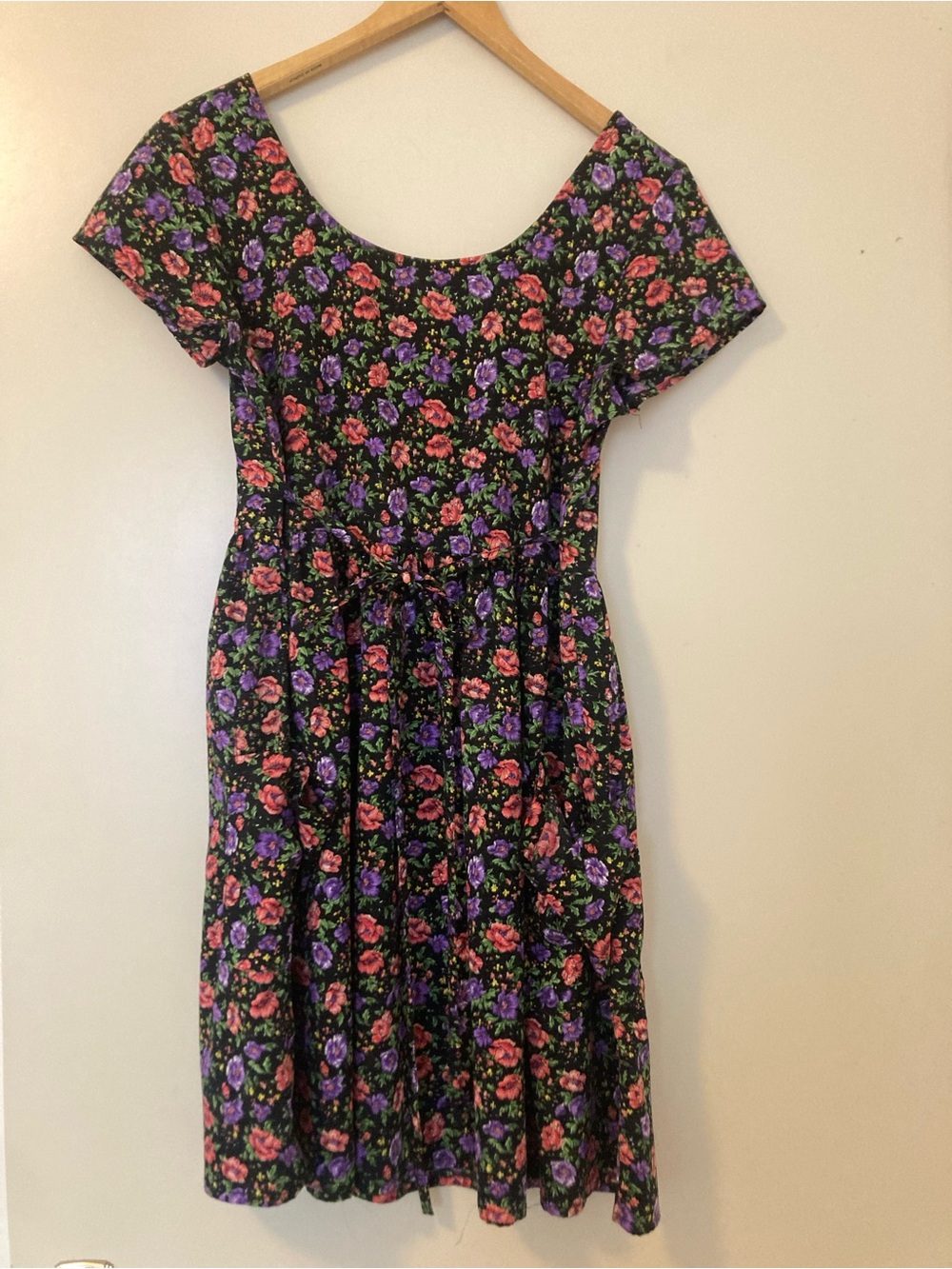 Black Floral Scoop Neck Midi Dress - Pink & Purple Roses 90s Y2K